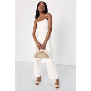 🆕️ NWT! Lulus Sweet 'N Social Ivory Linen Tie-Front Wide-Leg Jumpsuit